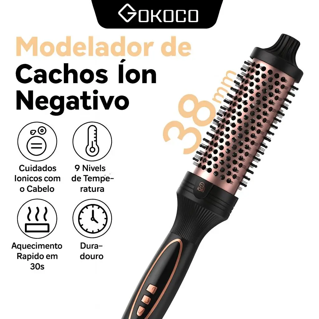 GOKOCO Escova Modeladora de Íons Negativos 38 mm — 9 Temperaturas, Alisa e Cacheia, Aquecimento PTC Duplo